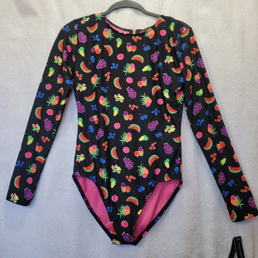 KATE SPADE Rash Guard Size M‎ Black/multi Fruits Swimsuit Long Sleeve NWT